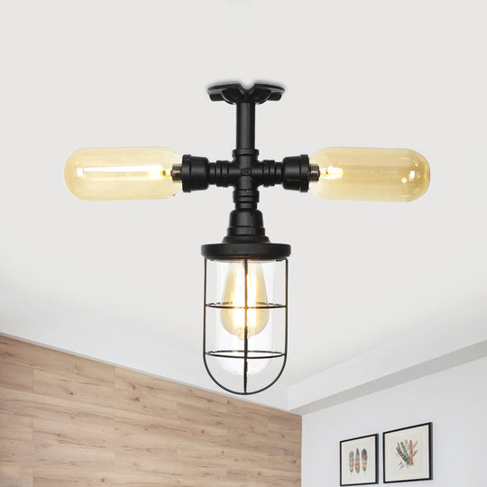 Sleek 3-Head Foyer Semi Flush Mount In Black With Clear Glass Ball/Capsule And Cage