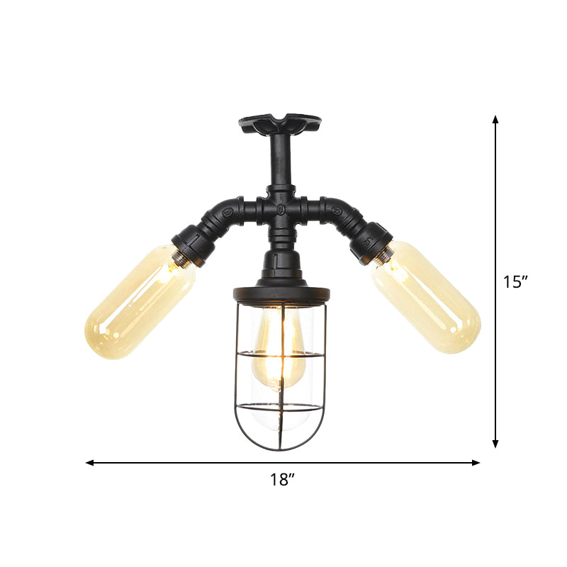 Sleek 3-Head Foyer Semi Flush Mount In Black With Clear Glass Ball/Capsule And Cage
