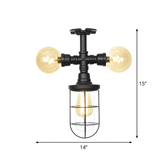 Sleek 3-Head Foyer Semi Flush Mount In Black With Clear Glass Ball/Capsule And Cage