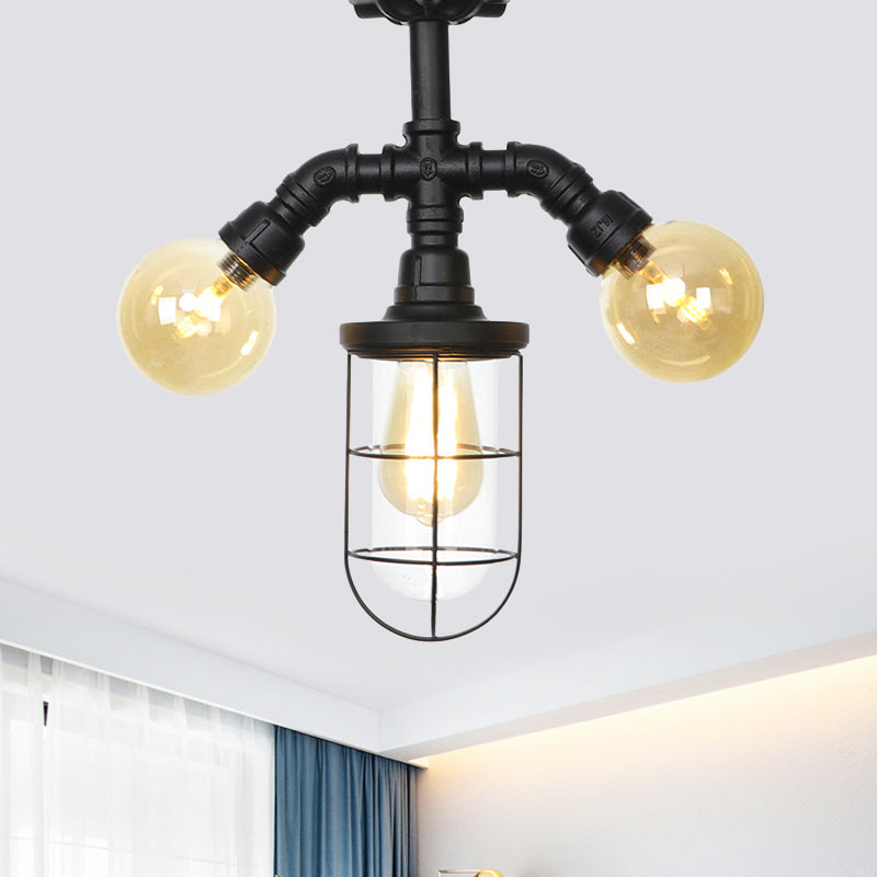 Sleek 3-Head Foyer Semi Flush Mount In Black With Clear Glass Ball/Capsule And Cage
