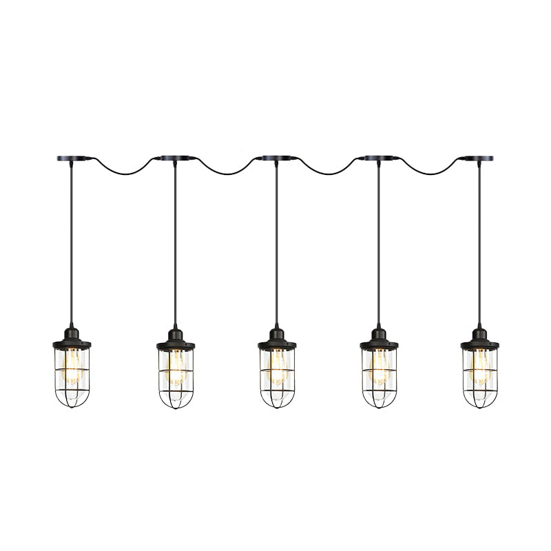 Black Multi-Light Chandelier | Farmhouse Style Clear Glass Cage Tandem Ceiling Lamp