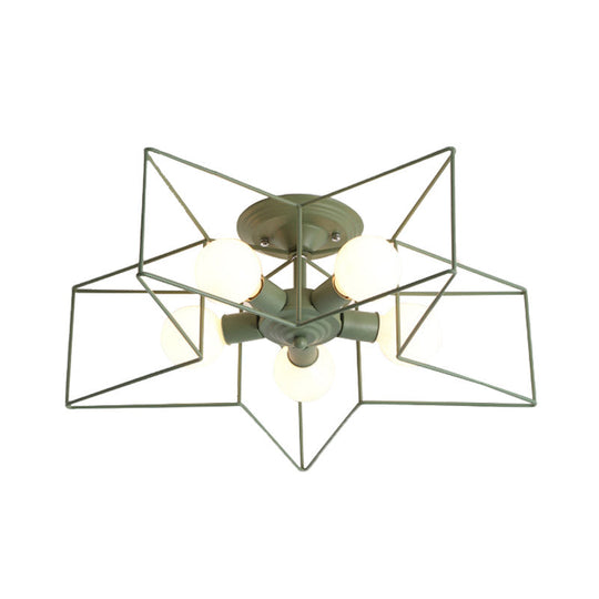 Pentacle Frame Iron Flush Mount Light - 5-Bulb Semi Ceiling For Kids’ Room (Pink/Grey/Blue)