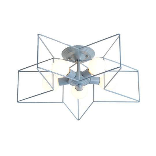 Pentacle Frame Iron Flush Mount Light - 5-Bulb Semi Ceiling For Kids’ Room (Pink/Grey/Blue)