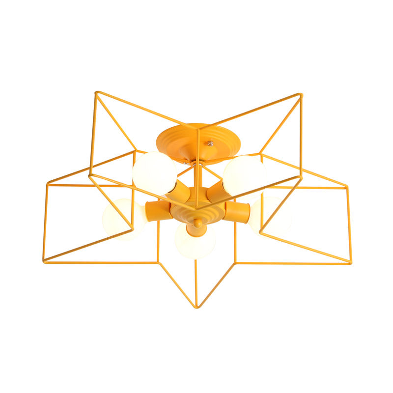 Pentacle Frame Iron Flush Mount Light - 5-Bulb Semi Ceiling For Kids’ Room (Pink/Grey/Blue)