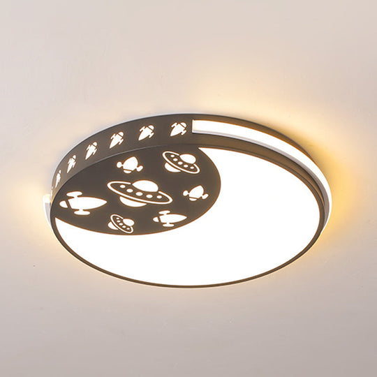 Crescent Led Flush Mount Kids Acrylic Ceiling Lamp In Blue/Black/Pink Outer Space Design For Child