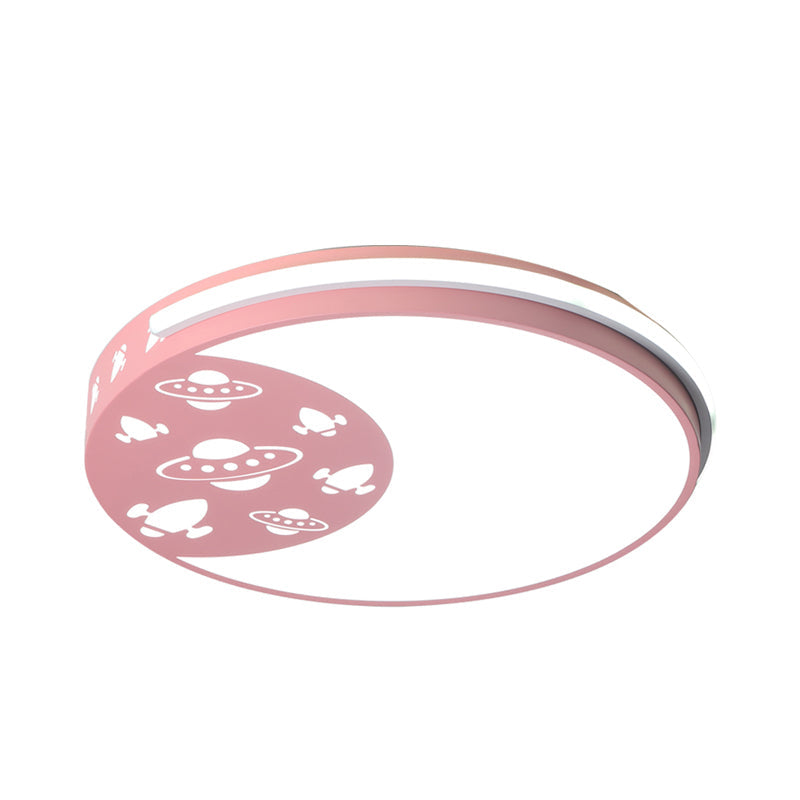 Crescent Led Flush Mount Kids Acrylic Ceiling Lamp In Blue/Black/Pink Outer Space Design For Child