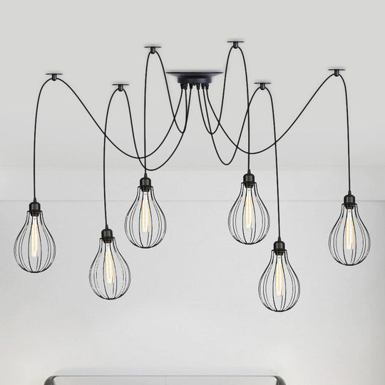 Vintage Iron Pear Cage Hanging Light: 2/3/6-Light Coffee House Swag Pendulum Lamp In Black 6 /