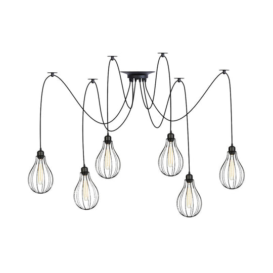 Vintage Iron Pear Cage Hanging Light: 2/3/6-Light Coffee House Swag Pendulum Lamp In Black