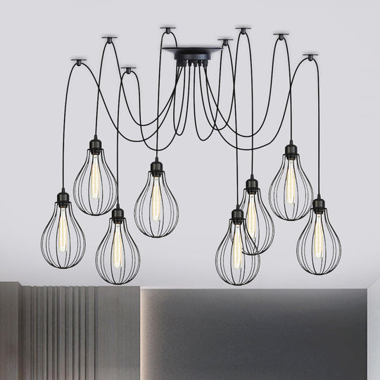 Vintage Iron Pear Cage Hanging Light: 2/3/6-Light Coffee House Swag Pendulum Lamp In Black