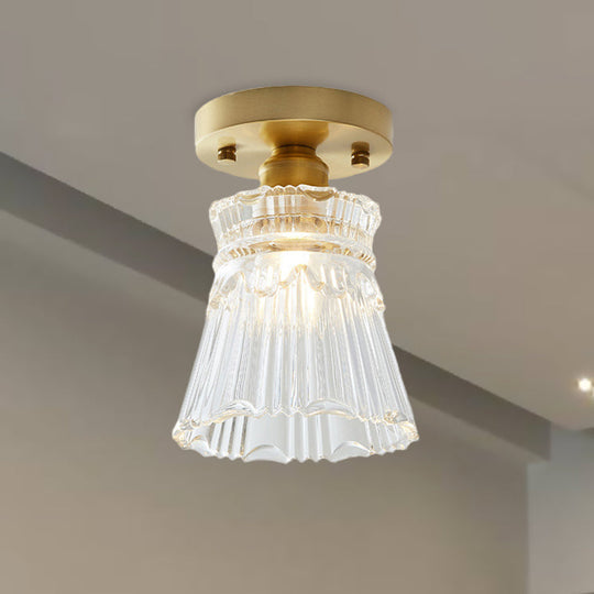 Industrial-Style Cone Glass Ceiling Light - Single Bulb Semi Flush Mount Fixture In Brass With