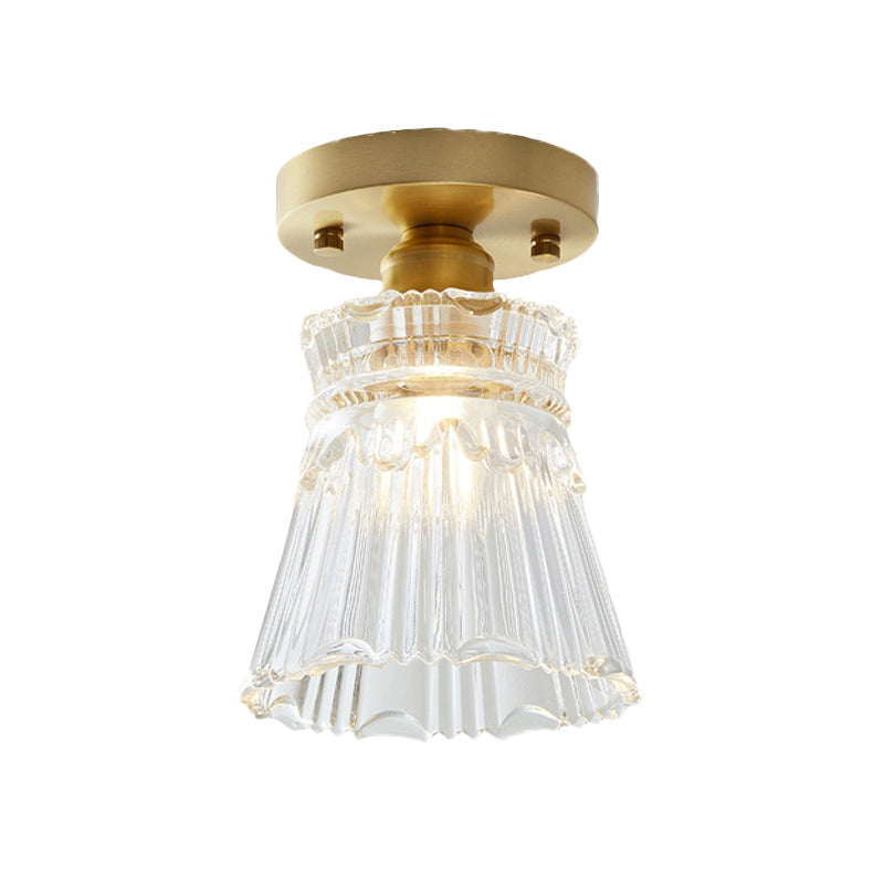 Industrial-Style Cone Glass Ceiling Light - Single Bulb Semi Flush Mount Fixture In Brass With