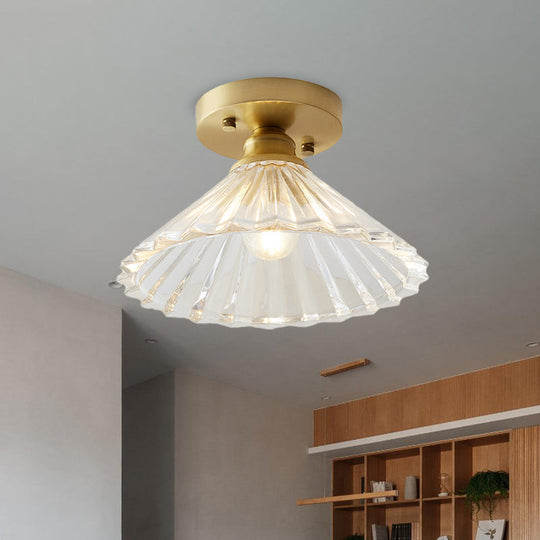 Industrial-Style Cone Glass Ceiling Light - Single Bulb Semi Flush Mount Fixture In Brass With