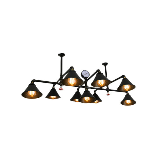 Iron Chandelier Pendant Light With Cone Shade - Industrial 9 Lights For Living Room Black Finish