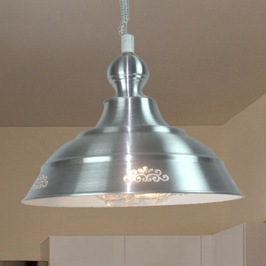 Industrial Nickel Bowl Ceiling Light With Extendable Arm And Flower Pattern