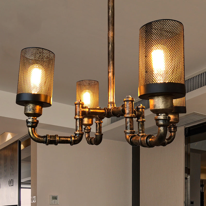 Vintage Bronze Finish Iron Cylinder Chandelier Pendant Light With Mesh Screen - Set Of 4 Bulbs