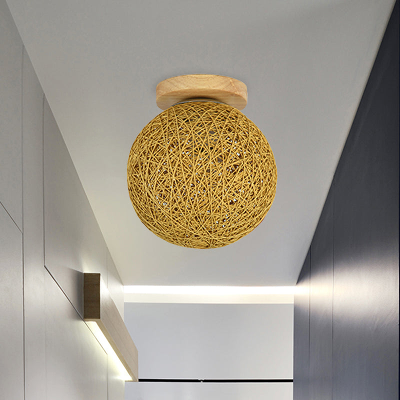 Modernist Rattan Ceiling Mount Light: Blue/Flaxen Globe Shade 6/8 Wide 1 Bulb Flush Lighting For