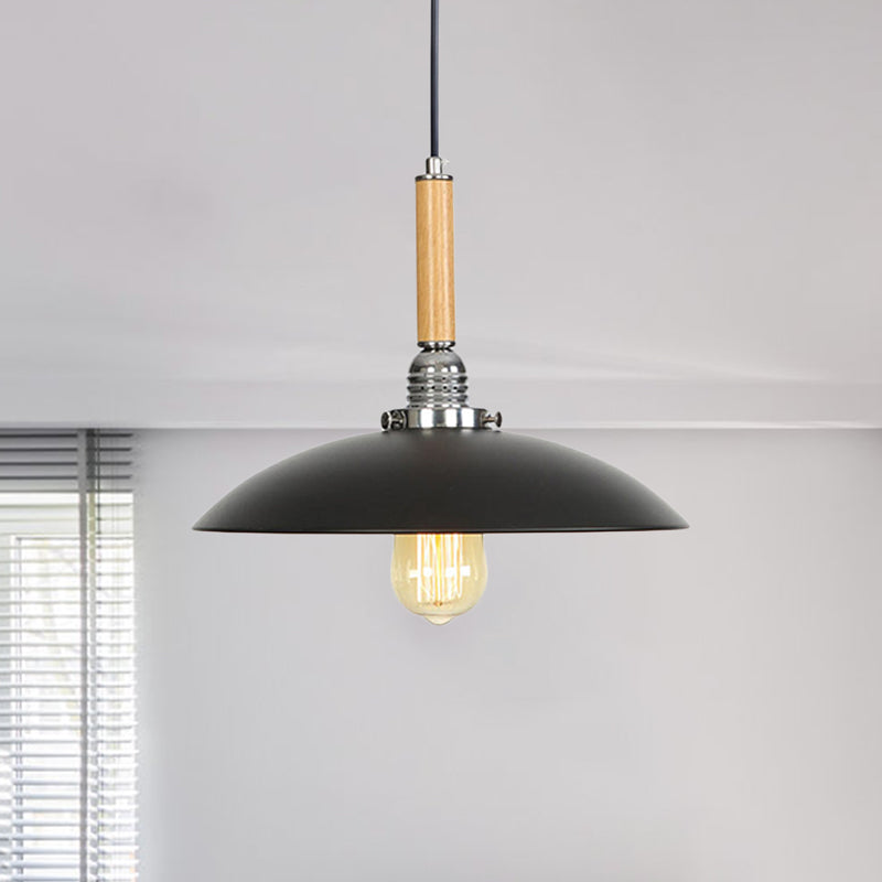 Industrial Black Metal Pendant Light With Hanging Cord - Shallow Round Design In Wood