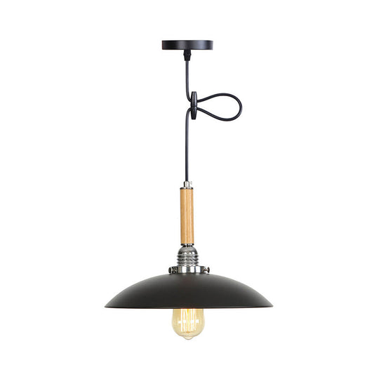 Industrial Black Metal Pendant Light With Hanging Cord - Shallow Round Design In Wood