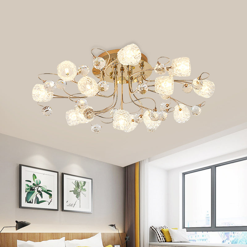 Modern Gold Flowerbud Ceiling Lamp With Bubble Glass - 13-Light Semi Flush Chandelier