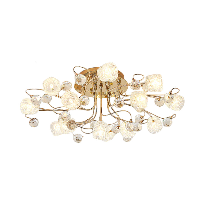 Modern Gold Flowerbud Ceiling Lamp With Bubble Glass - 13 - Light Semi Flush Chandelier