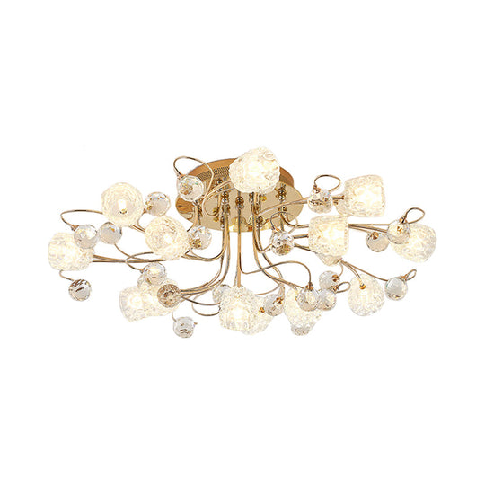 Modern Gold Flowerbud Ceiling Lamp With Bubble Glass - 13-Light Semi Flush Chandelier