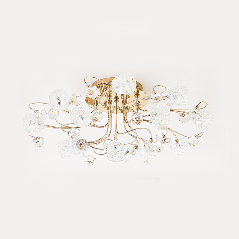 Modern Gold Flowerbud Ceiling Lamp With Bubble Glass - 13-Light Semi Flush Chandelier