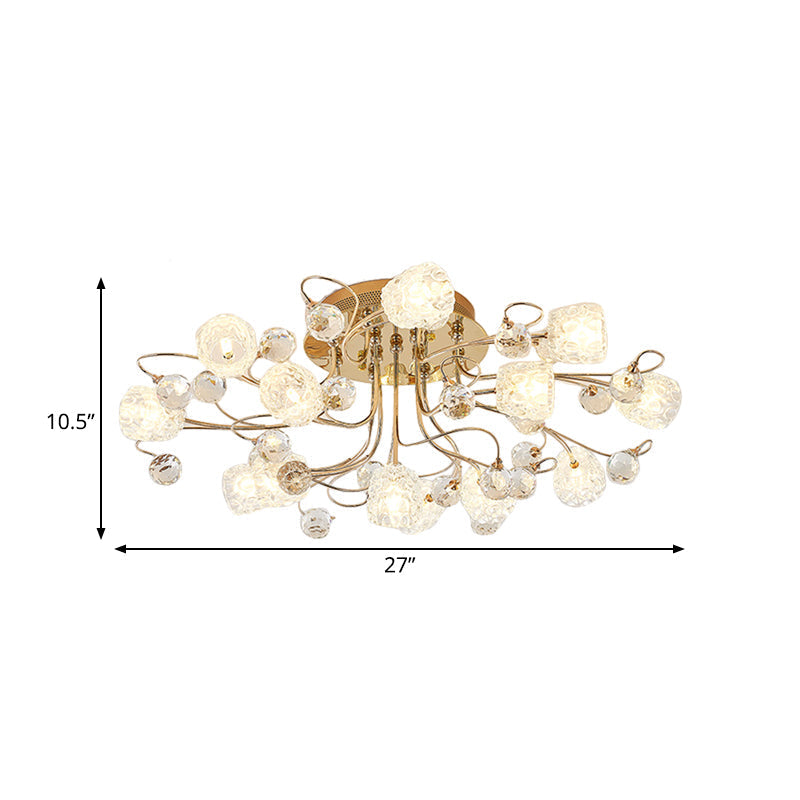 Modern Gold Flowerbud Ceiling Lamp With Bubble Glass - 13 - Light Semi Flush Chandelier