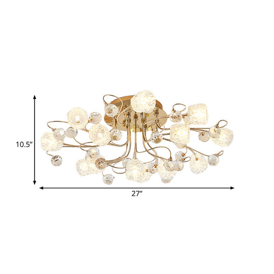 Modern Gold Flowerbud Ceiling Lamp With Bubble Glass - 13-Light Semi Flush Chandelier
