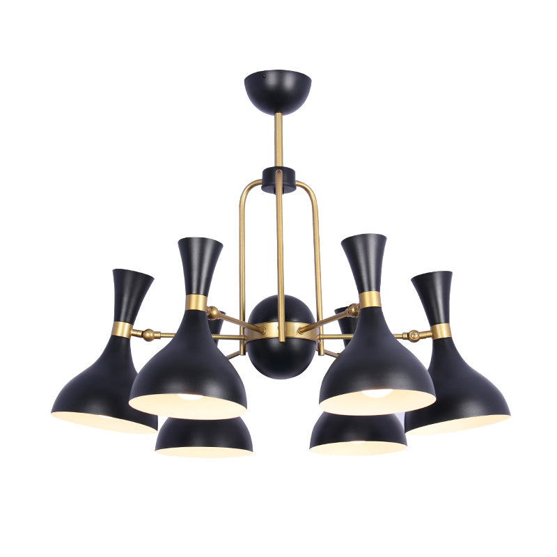 Adjustable Black And Gold Metal Chandelier Pendant Light - 6 Lights Funnel Shape Ideal For