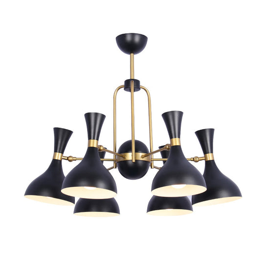 Adjustable Black And Gold Metal Chandelier Pendant Light - 6 Lights Funnel Shape Ideal For