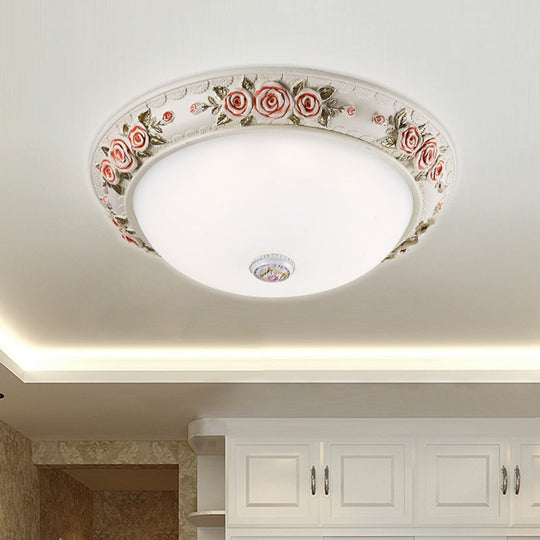 12/16 Wide Domed Ceiling Mounted Light With White Glass Flush Lamp And Rose Deco - Korea Countryside