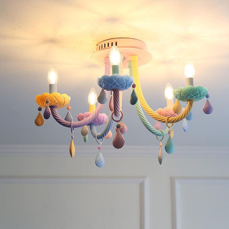 Macaron Candelabra Semi - Flush Mount Ceiling Light With 5/6 Metal Lights In Blue - Pink - Yellow