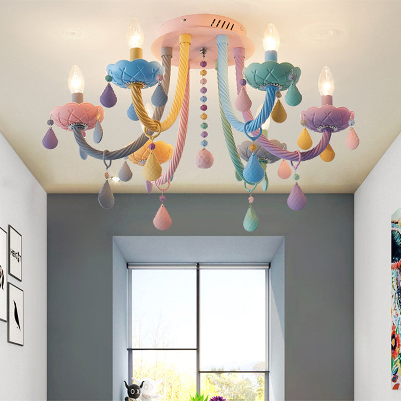 Macaron Candelabra Semi - Flush Mount Ceiling Light With 5/6 Metal Lights In Blue - Pink - Yellow