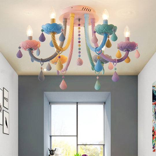 Macaron Candelabra Semi - Flush Mount Ceiling Light With 5/6 Metal Lights In Blue - Pink - Yellow