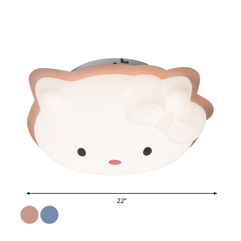 Kids’ Cartoon Cat Led Flush Mount Light Fixture For Pink/Blue Bedroom Décor