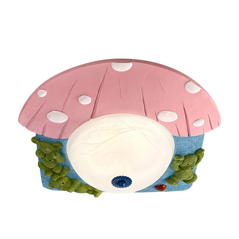 Cartoon Bear Ceiling Mounted Led Flush Light For Kids’ Rooms - Red/Blue With White Glass Shade
