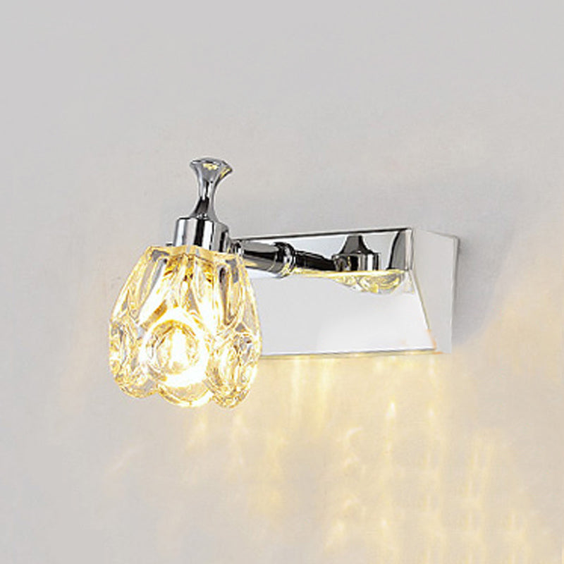 Chrome Vanity Light Fixture With Minimal Crystal Flower Sconce Warm/White