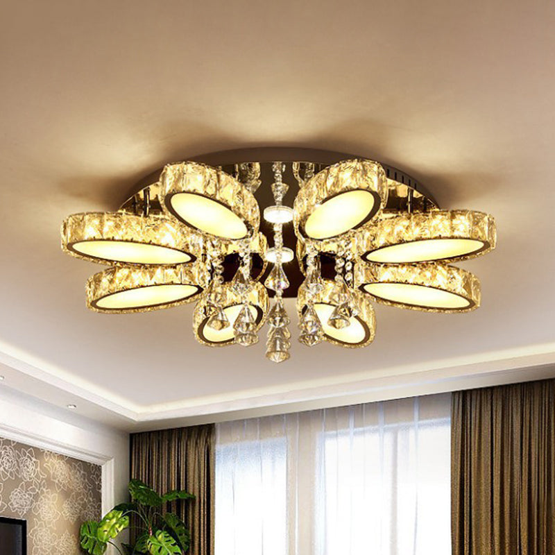 Modernist Blossom Chrome Flushmount Light With Clear Crystal 6/8 Heads - Ideal For Living Room