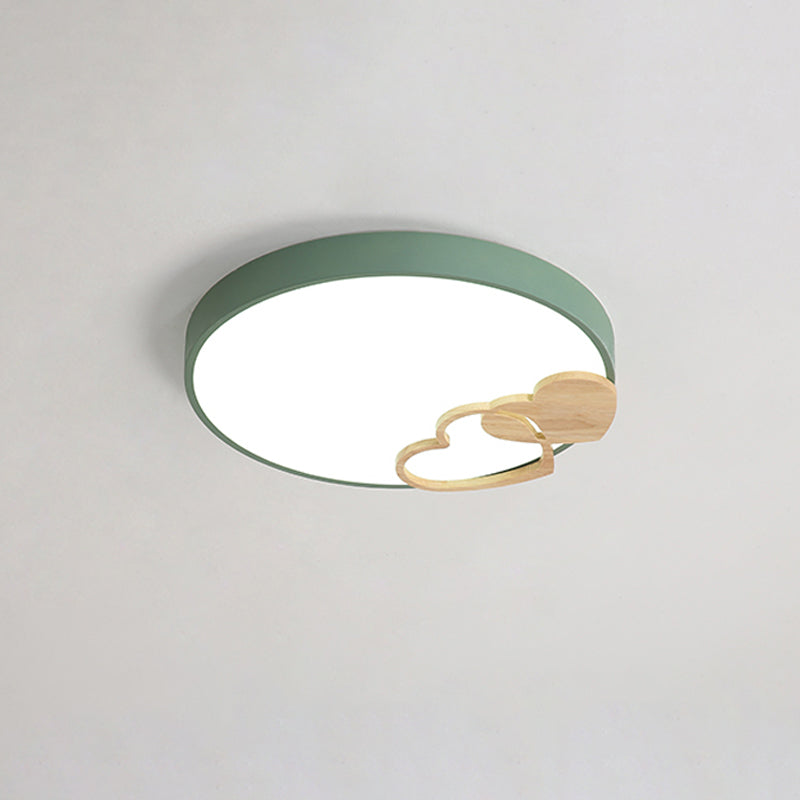 Nordic Led Acrylic Drum Flush Mount Ceiling Light With Heart Decor In Gray/White/Green