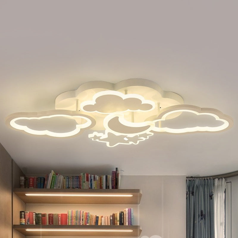 Kids Led Ceiling Light: Moonlit Starry Sky Semi Flush Mount For Bedroom - Pink/White White