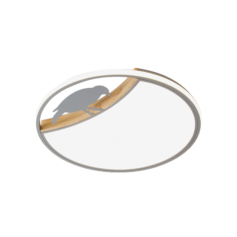 Nordic Round Led Flush Mount With Bird Deco - White/Grey/Green Acrylic Fixture