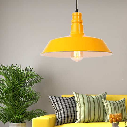Retro Style Metal Barn Shade Hanging Lamp - 1 Bulb Ceiling Pendant In Pink/Yellow Multiple Diameter