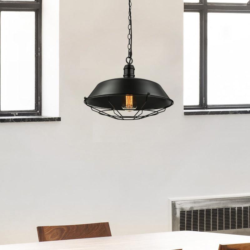 Industrial Wire Cage Pendant Light With Barn Shade - Black