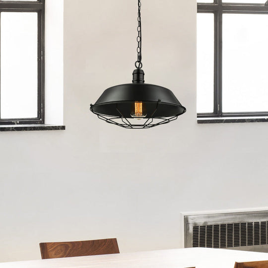 Industrial Wire Cage Pendant Light With Barn Shade - Black