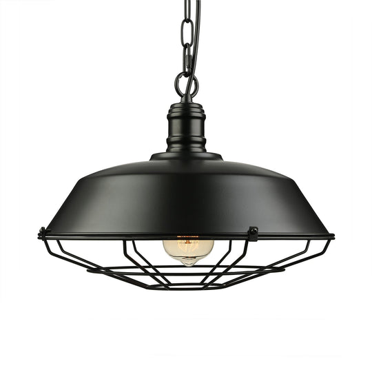 Industrial Black Wire Cage Pendant With Barn Shade - Ceiling Or Dining Table Hanging Fixture