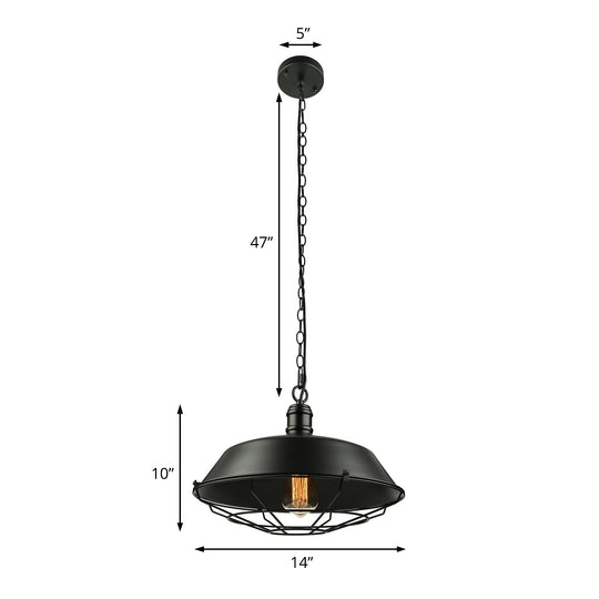 Industrial Black Wire Cage Pendant With Barn Shade - Ceiling Or Dining Table Hanging Fixture