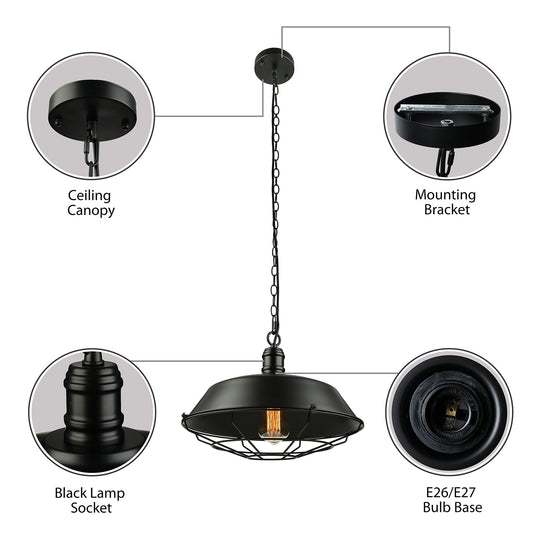 Industrial Wire Cage Pendant Light With Barn Shade - Black