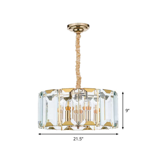 Modern Clear Crystal Panel Drum Pendant Lamp With 6 Lights - Dining Room Chandelier