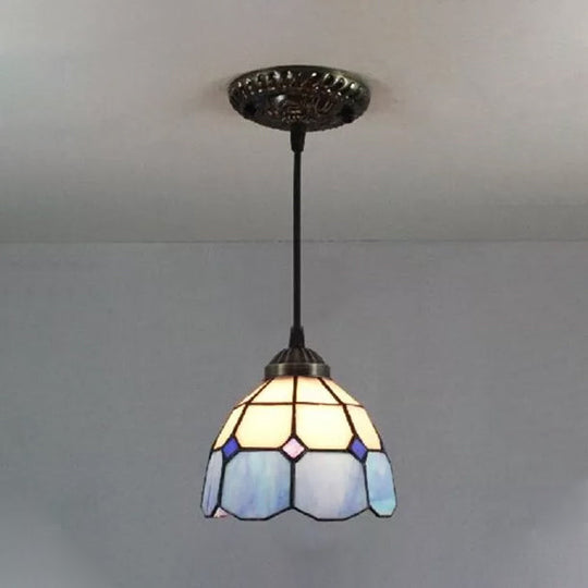 Tiffany-Style Flower Handcrafted Stained Glass Pendant Light In Yellow/Light Blue/Dark Blue