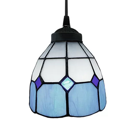 Tiffany-Style Flower Handcrafted Stained Glass Pendant Light In Yellow/Light Blue/Dark Blue